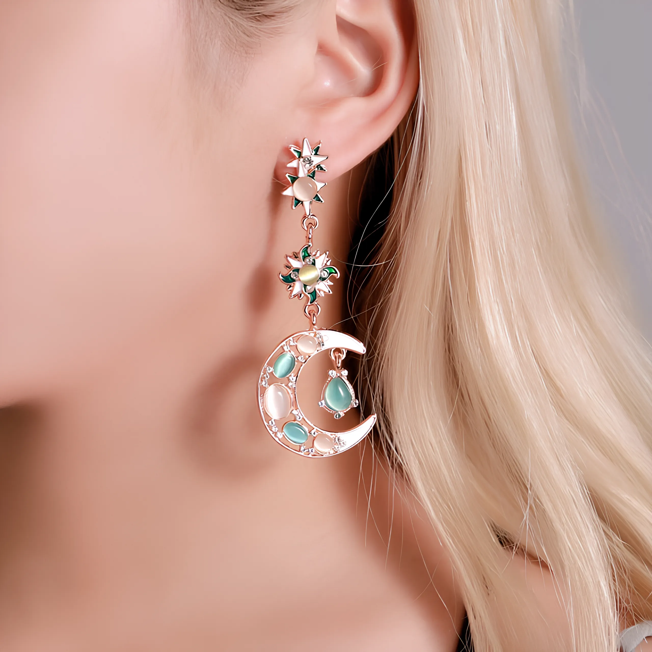 Fantasy Beauty Sun Moon Baroque Long Stud Earrings