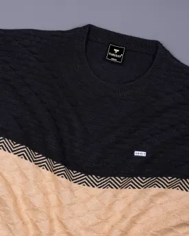 Gray With Cream And Green Knitted Cotton Designer T-Shirt