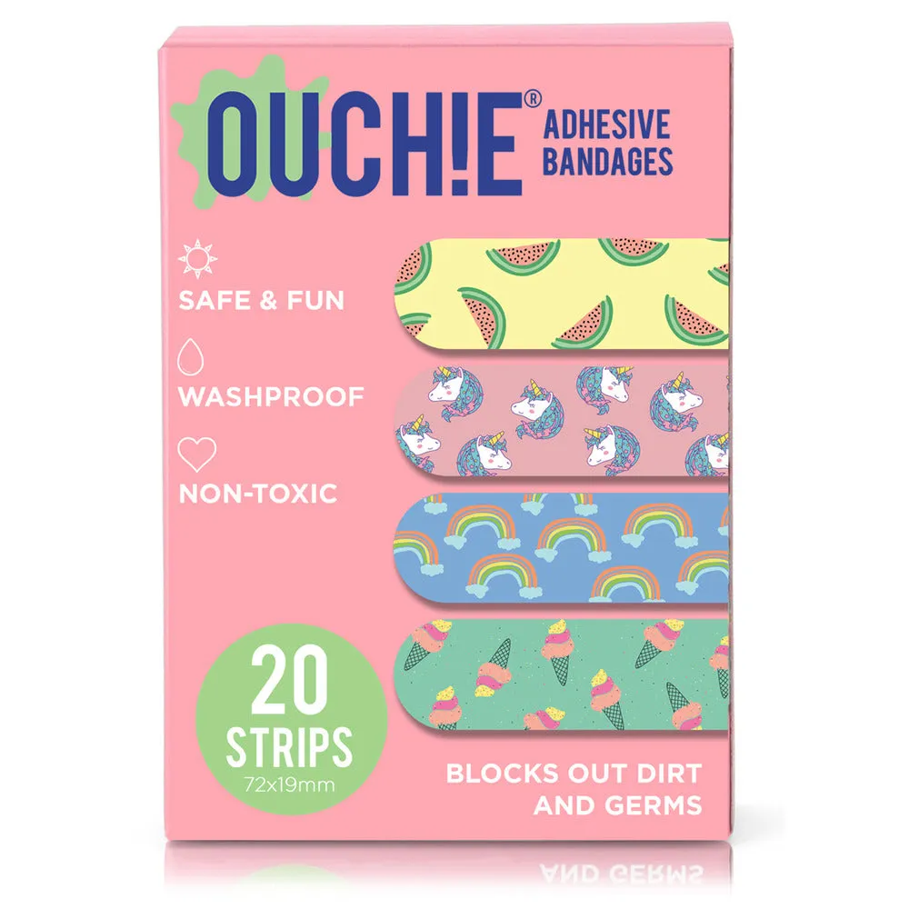 Ouchie Non-Toxic Printed Bandages Jumbo Pack (80 Pack) - Pink Blink, Fantasy Creature,'Ouchie x MuSo' & Tropical Burst