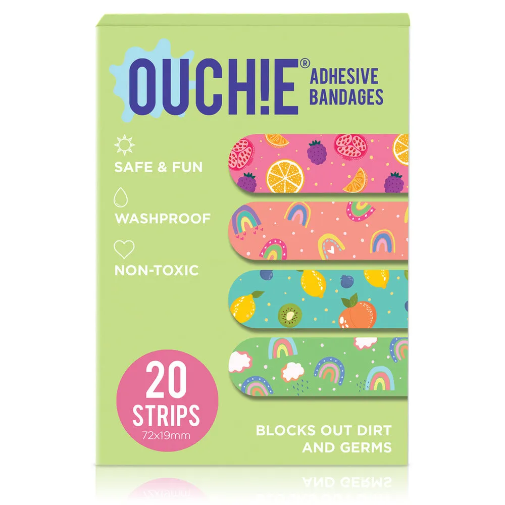Ouchie Non-Toxic Printed Bandages Jumbo Pack (80 Pack) - Pink Blink, Fantasy Creature,'Ouchie x MuSo' & Tropical Burst