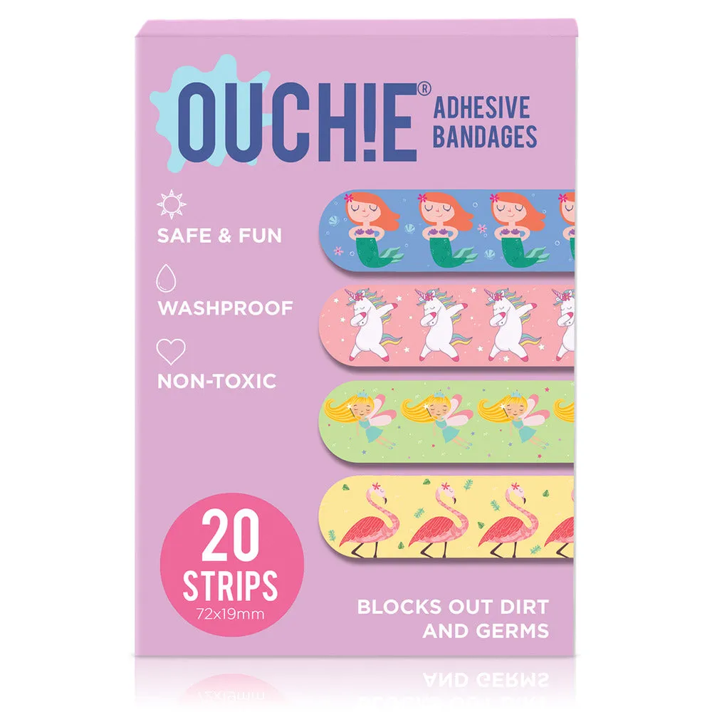 Ouchie Non-Toxic Printed Bandages Jumbo Pack (80 Pack) - Pink Blink, Fantasy Creature,'Ouchie x MuSo' & Tropical Burst