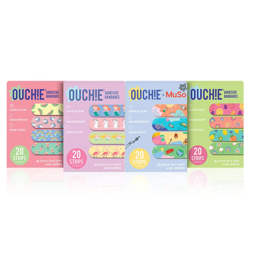 Ouchie Non-Toxic Printed Bandages Jumbo Pack (80 Pack) - Pink Blink, Fantasy Creature,'Ouchie x MuSo' & Tropical Burst